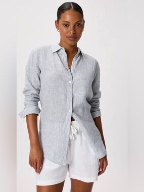QUINCE 100% European Linen Blue Pinstripe Long Sleeve Button Front Shirt Size XS